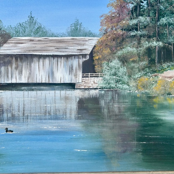 Rustic Framed Landscape Painting of a Covered Bridge by the Water. - Picture 3 of 10